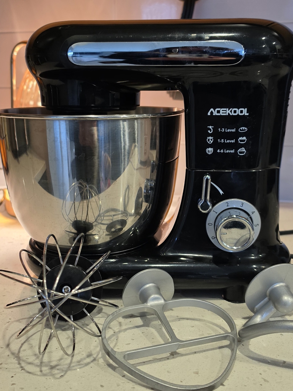 Black Stand Mixer with Stainless Steel Bowl and Attachments